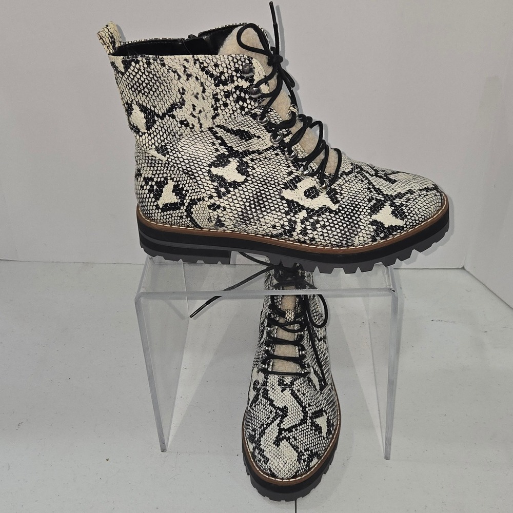 Crown & Ivy Naomi Snakeskin Print Combat Boots Faux Fur Trim Side Zip Size 7.5M